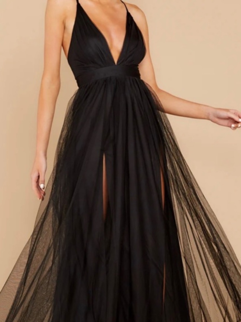 Black Deep V-Neck Maxi Dress with Sheer Tulle Overlay